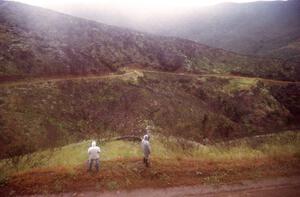 Irish spectators watch as the Charles Buren / Teresa Holem Toyota MR-2 leaves the start of Del Sur 1.