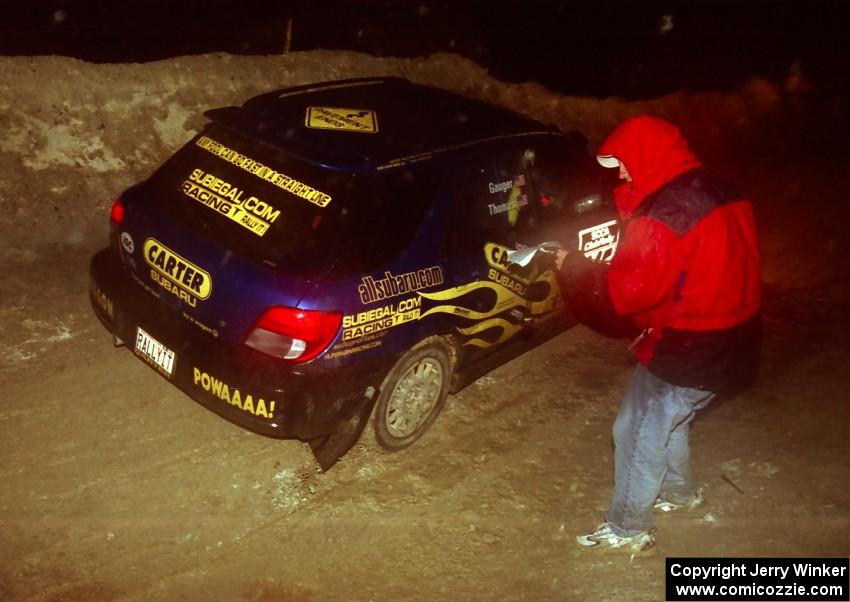 The Jamie Thomas / Matt Gauger Subaru WRX Wagon leaves the start of SS6.