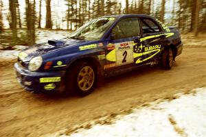 Ramana Lagemann / Mike Kidd Subaru WRX on SS2, Ranch I, shortly after hitting a tree.