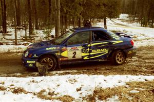 Ramana Lagemann / Mike Kidd Subaru WRX on SS2, Ranch I, shortly after hitting a tree.
