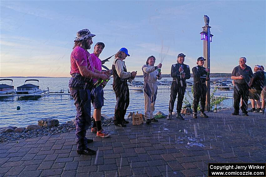 The Overall podium ceremonial champagne spray.