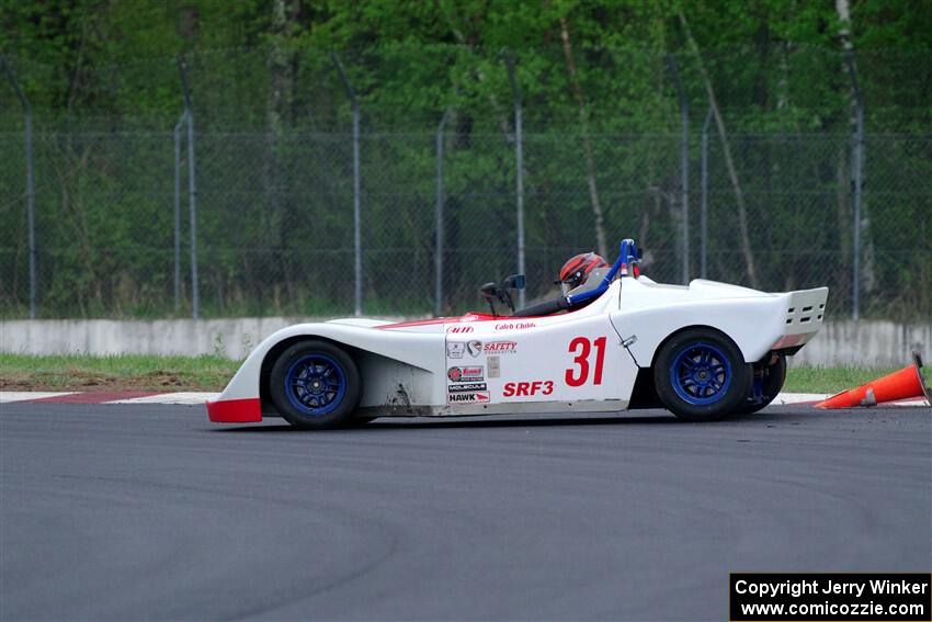 Caleb Childs' Spec Racer Ford 3 spins in the carousel.
