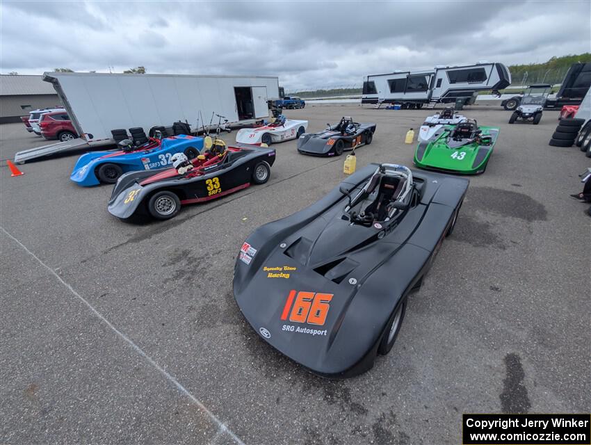 A gaggle of Spec Racer Ford 3s paddocked together.
