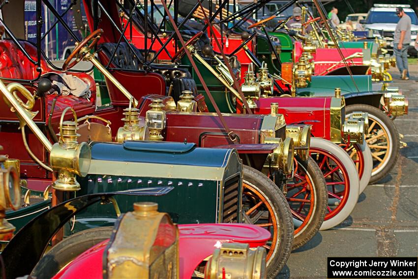 Cars lined up on display at the finish.