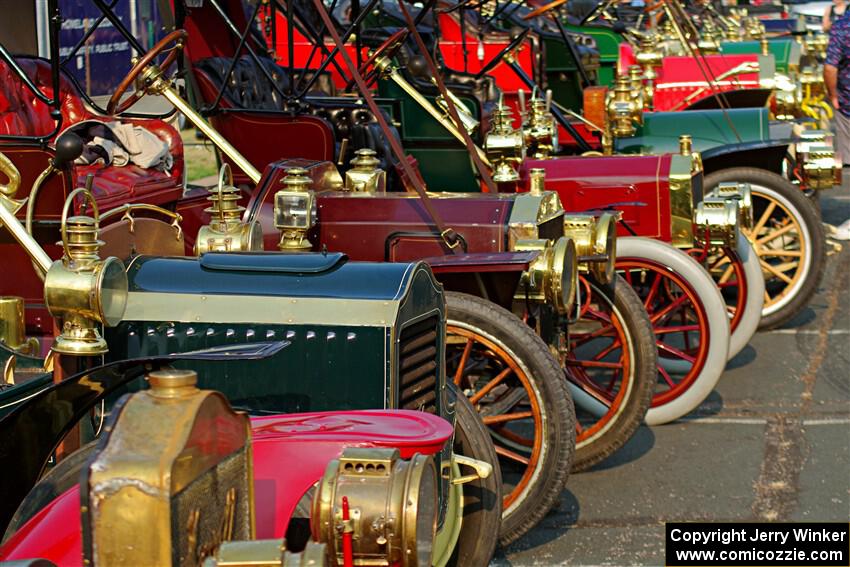 Cars lined up on display at the finish.