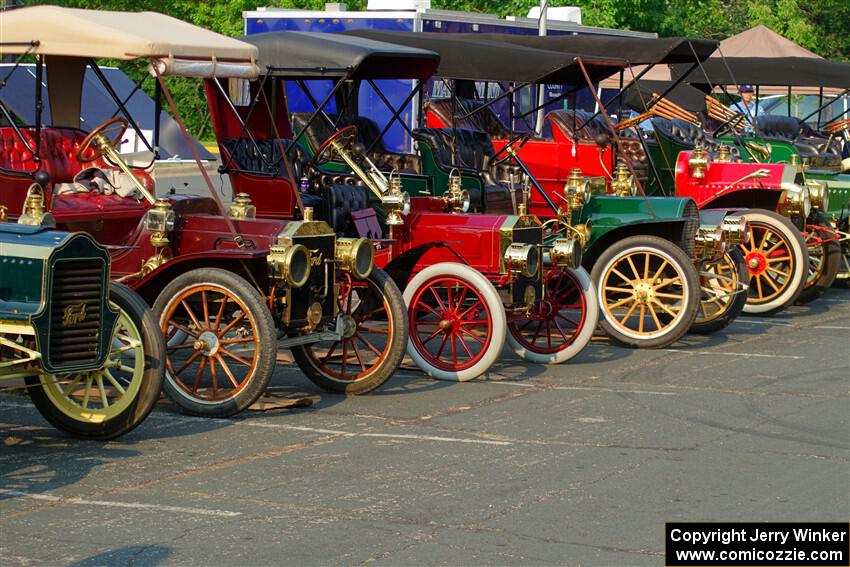 Cars lined up on display at the finish.