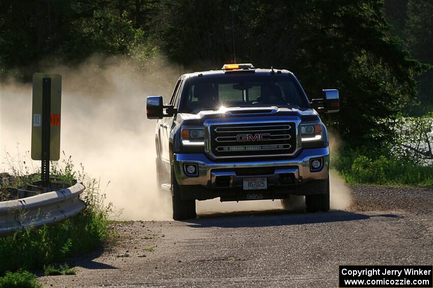 A GMC Sierra pickup sweeps SS6, Camp 3 South.