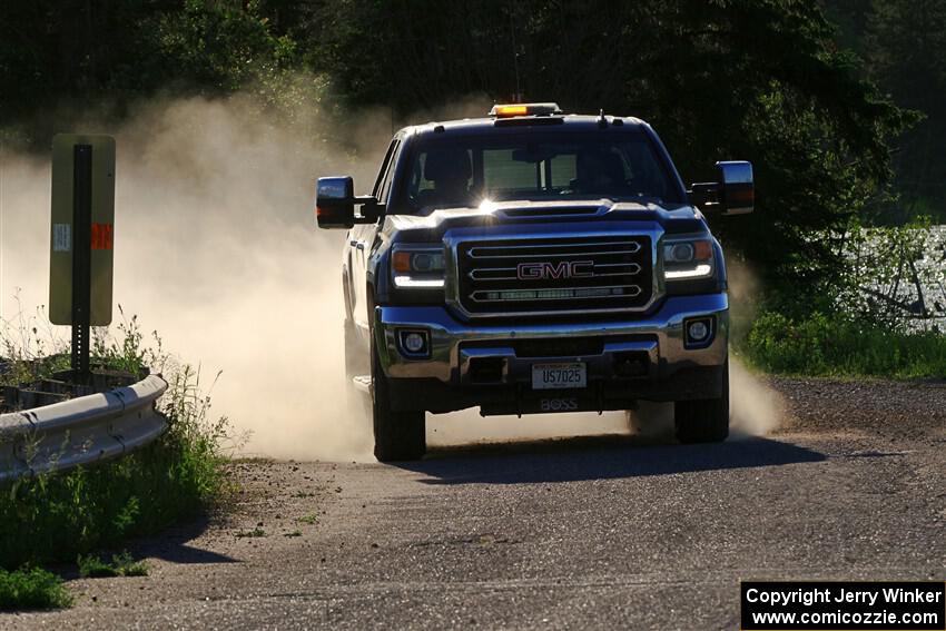A GMC Sierra pickup sweeps SS6, Camp 3 South.