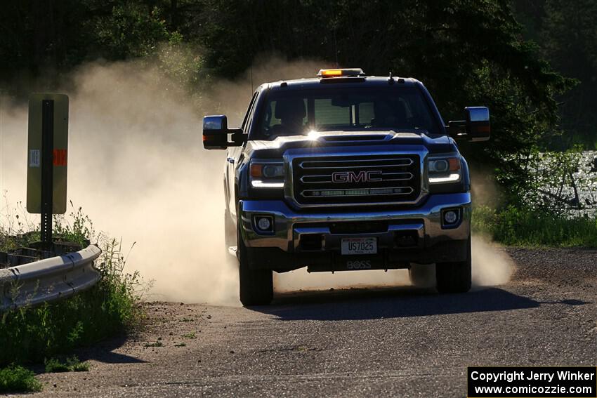 A GMC Sierra pickup sweeps SS6, Camp 3 South.