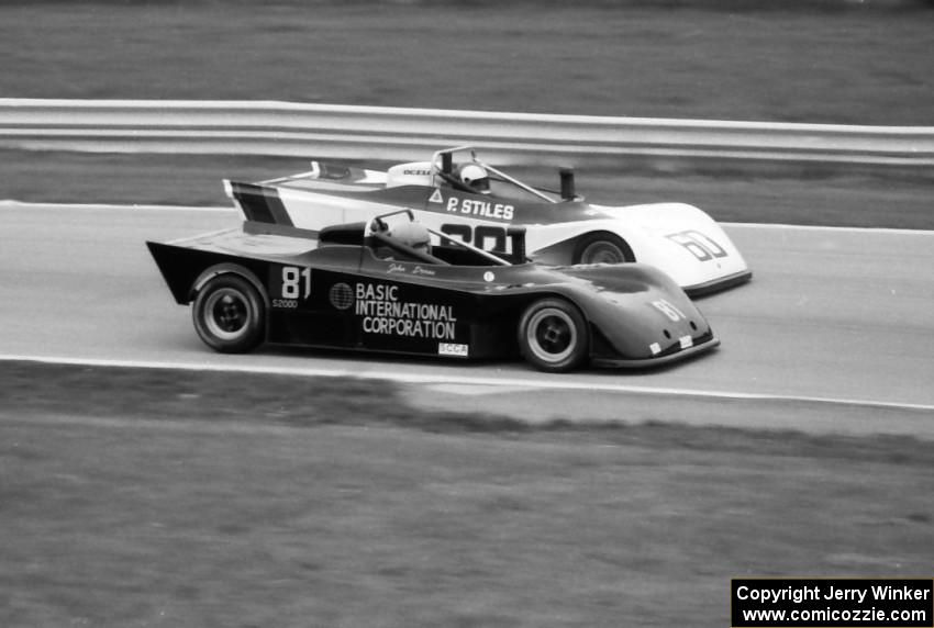 John Drane's Tiga SC80 passes Peter Stiles's Tiga SC84 during Sports 2000 qualifying.