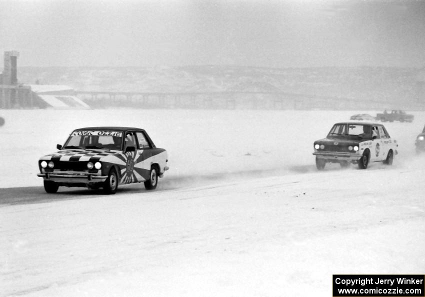 The Comic-Ozzie Datsun 510s of (60) Norm Johnson / Mike Winker and (69) Jerry Winker / Bob Roper