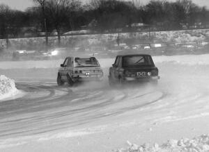 The Herm Johnson / John Menard VW GTI leads the Ray Hoeper / Cliff Ebben Fiat 128 through a corner.