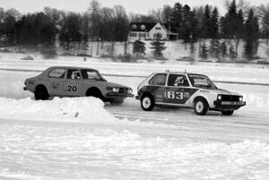 The Don Fonstad / John Fonstad / Dave Grunwalt VW Rabbit followed by the Joe Hauser / Mike Royce SAAB 99