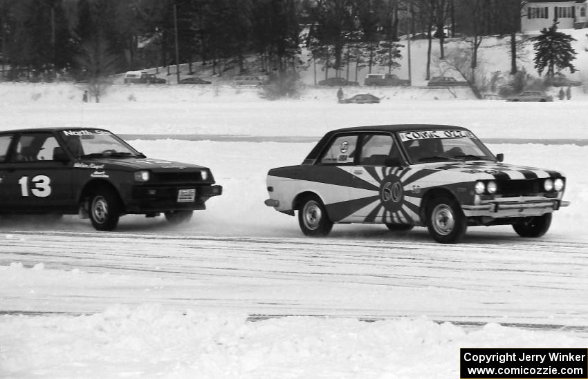 The Mike Winker / Norm Johnson Datsun 510 followed by the Bob Nielsen / Jim Coopet Dodge Colt Turbo.