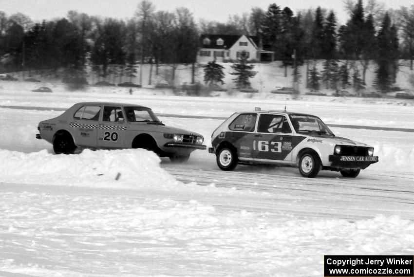 The Don Fonstad / John Fonstad / Dave Grunwalt VW Rabbit followed by the Joe Hauser / Mike Royce SAAB 99