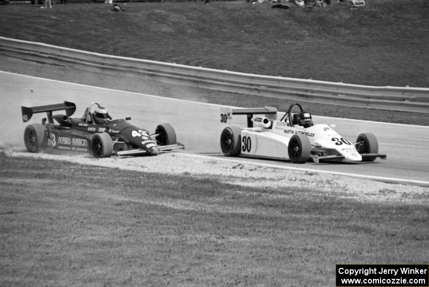 Didier Theys's Martini Mk.50 forces Steve Bren's Ralt RT-5/86 off turn five on the final lap.