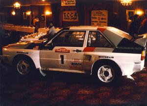 The winners: John Buffum / Tom Grimshaw Audi Sport Quattro S2 entered in the main dining area before the banquet.