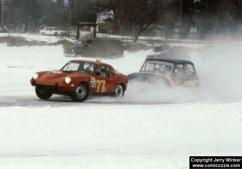 Dan Page's SAAB Sonett II battles Terry Orr's Austin Mini Cooper S.