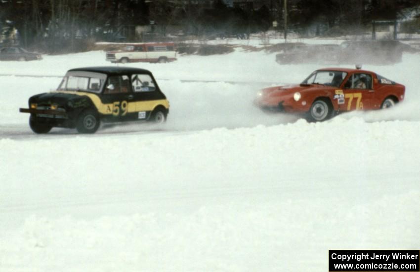 Terry Orr's Austin Mini Cooper S battles Dan Page's SAAB Sonett II.