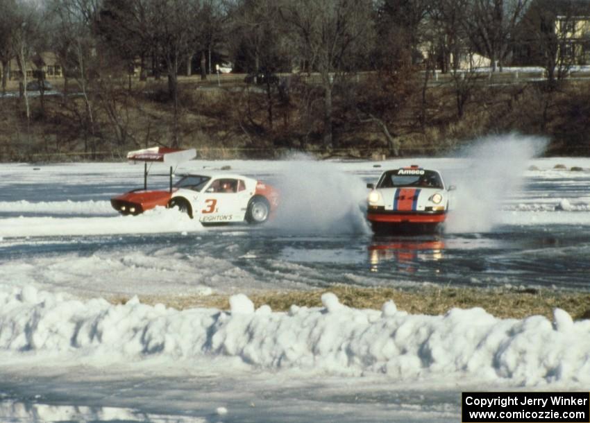 Leighton Reese's Mazda Wankel-powered SAAB Sonnet III spins and is passed by the Denny Popp / Adam Popp / Jim Render Porsche 911