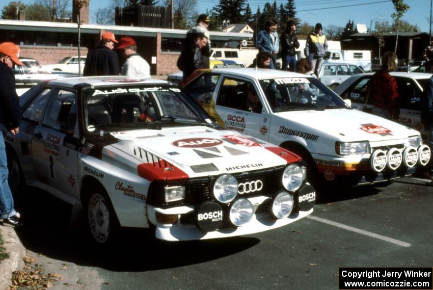 The John Buffum / Tom Grimshaw Audi Quattro Sport Coupe alongside the Group A Mazda 323GTX of Rod Millen / Harry Ward.