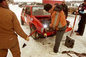 Work is performed to get the Dave Kapaun VW Rabbit ready for the enduro after crashing hard in the modified race.