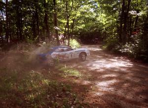 Noel Lawler / Charles Bradley Hyundai Tiburon goes off the road at speed near the finish of SS2 (Bunker Pond Out)