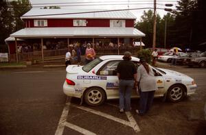 Greg Healey / John MacLeod Subaru Impreza pulls into Ocquossoc service