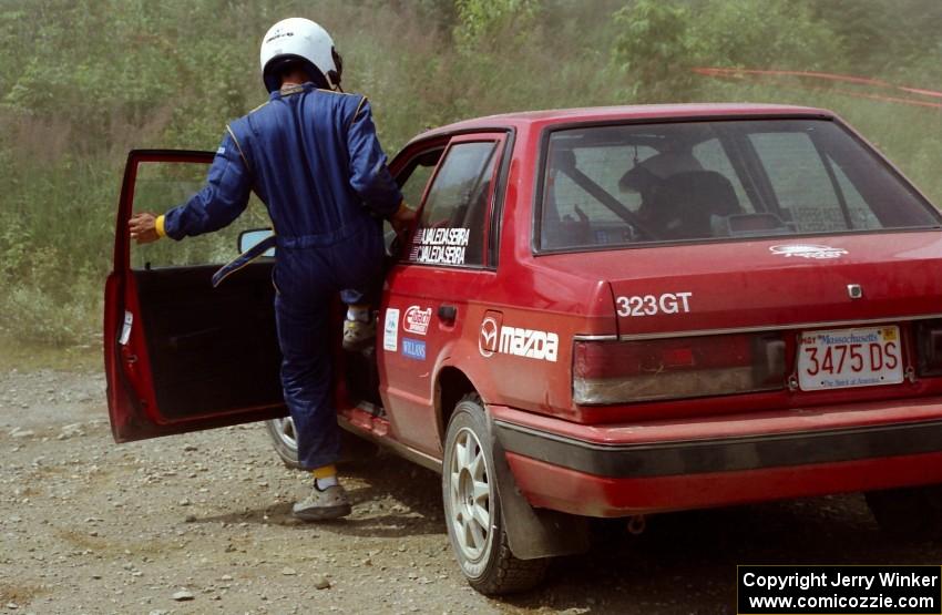 Adam Vale da Serra / Christine Vale da Serra Mazda 323GT stop on SS7 (Parmachenee East)