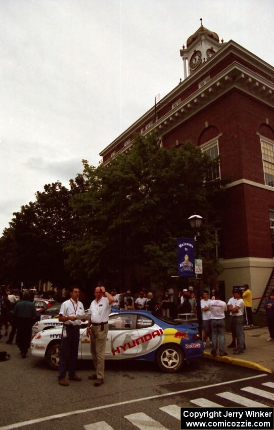 Kurt Spitzner and Dennis Dean in front of the Paul Choinere / Jeff Becker Hyundai Tiburon in downtown Rumford, ME