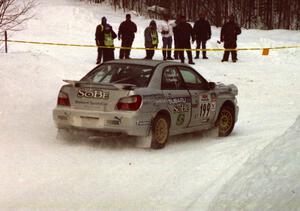 Travis Pastrana / Christian Edstrom Subaru WRX makes the turn onto Scenic Rte. 3 on SS1 (King Road & Scenic Rte. 3)