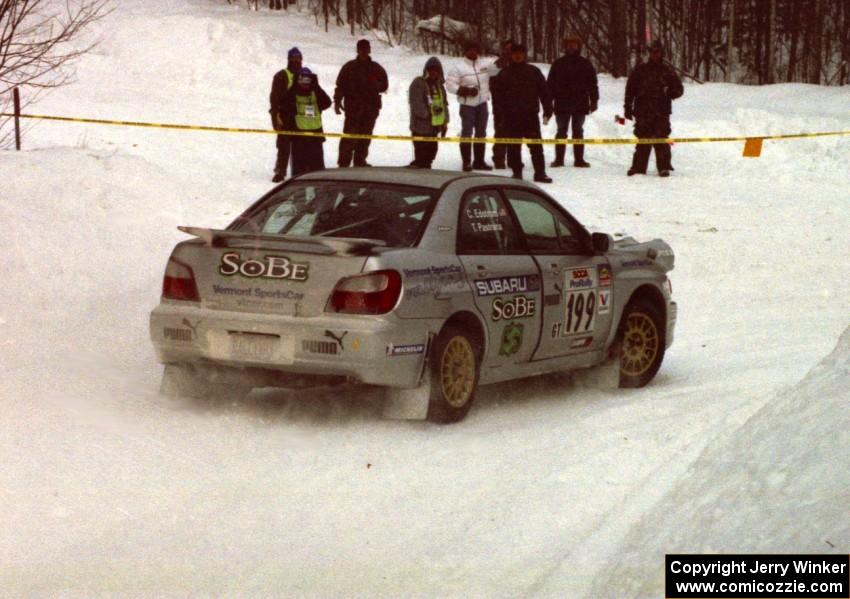 Travis Pastrana / Christian Edstrom Subaru WRX makes the turn onto Scenic Rte. 3 on SS1 (King Road & Scenic Rte. 3)