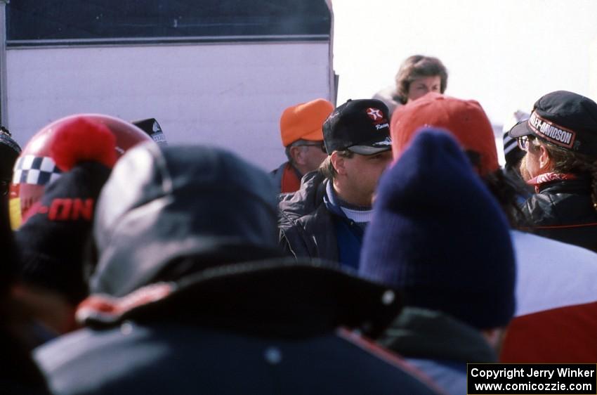 Jeff Jordan holds a meeting to let the drivers know the race is cancelled.