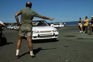 Chad DiMarco / Erick Hauge pull up to the line of the ceremonial start in their newly-built Subaru Legacy.