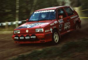 The very fast Jean-Paul Perusse / Martin Headland VW Golf Rallye blasts downhill in the Paul Bunyan State Forest.