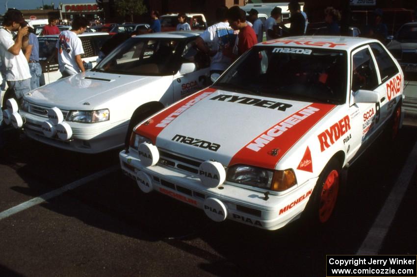 Jeff Zwart / Cal Coatsworth Mazda 323GTX alongside the new debuting factory Subaru Legacy of Chad DiMarco / Erick Hauge.