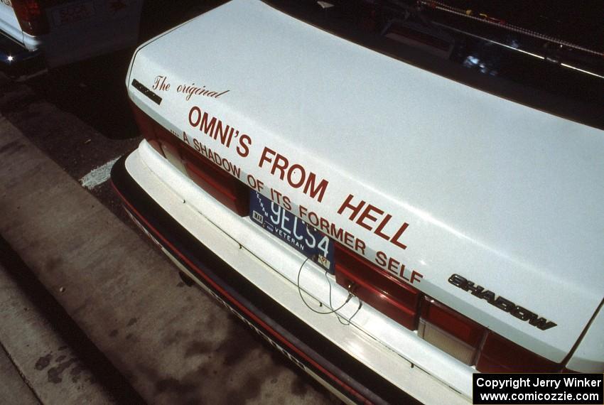 On the back deck-lid of the Henry Krolikowski / Cindy Krolikowski Dodge Shadow.