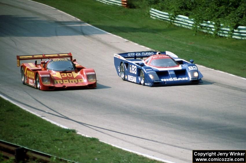 Geoff Brabham / Chip Robinson Nissan GTP ZX-T passes the Gianpiero Moretti / Jean-Louis Ricci Porsche 962C