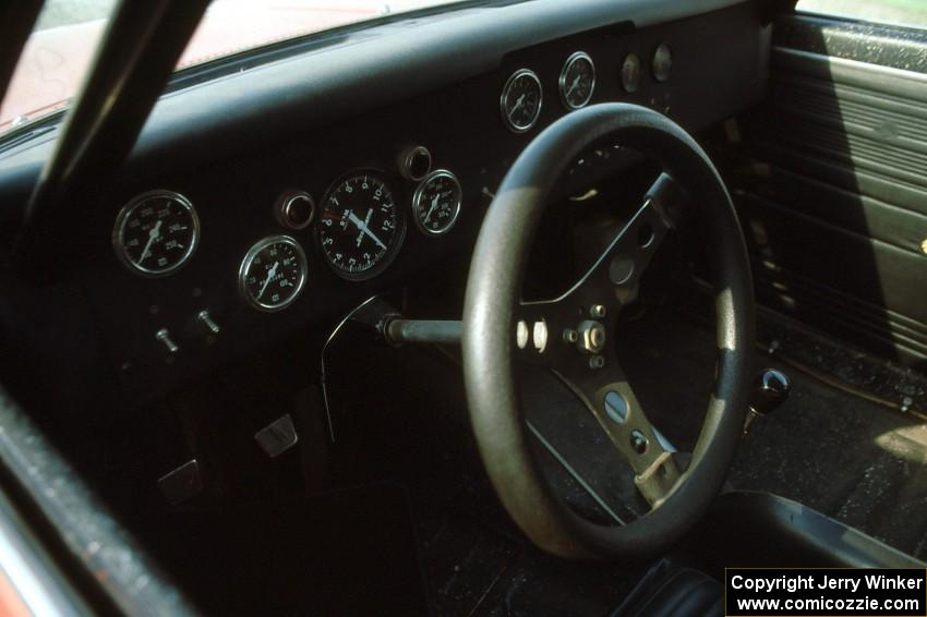 Cockpit gauges on the John Morton Datsun 510 on display at the Nissan tent