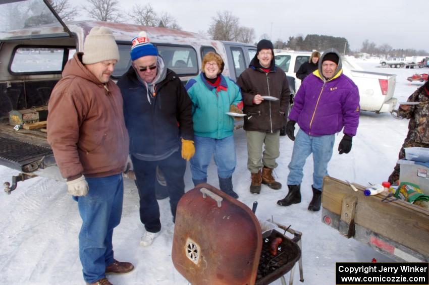 ???, Bill Nelson, Julie and John Kochevar and Dick Nordby grill before Sunday's Enduro