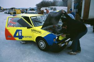 Adam Popp's modified Dodge Colt smoking heavily in the pits