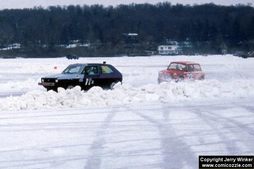 Paul Gilbert / Gary Rentfro VW Rabbit trailed by Jim Julson's modified Austin Cooper S