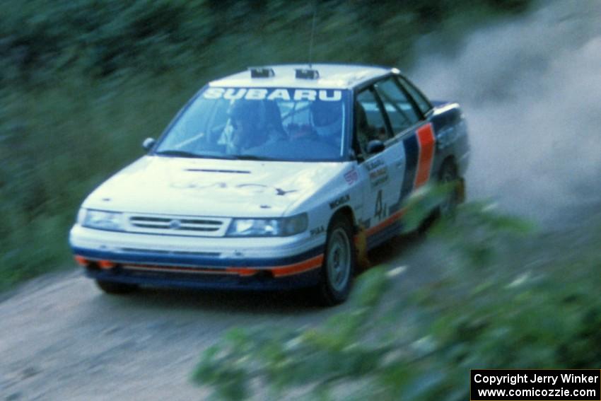 The Chad DiMarco / Erick Hauge Subaru Legacy at speed on Indian Creek Rd.