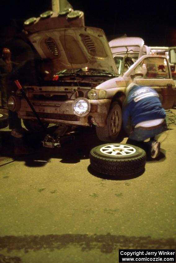 Carl Merrill / Jon Wickens in the Ford Escort Cosworth RS receives service in Kenton (2).