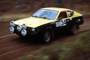 Jeff Bothee / Tom Beltman at speed on the first stage in their Mitsubishi Celeste (Plymouth Arrow).