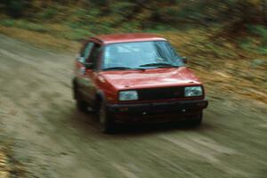 Wayne Prochaska / Annette Prochaska at speed at the flying finish of the first stage on day two in their VW GTI.