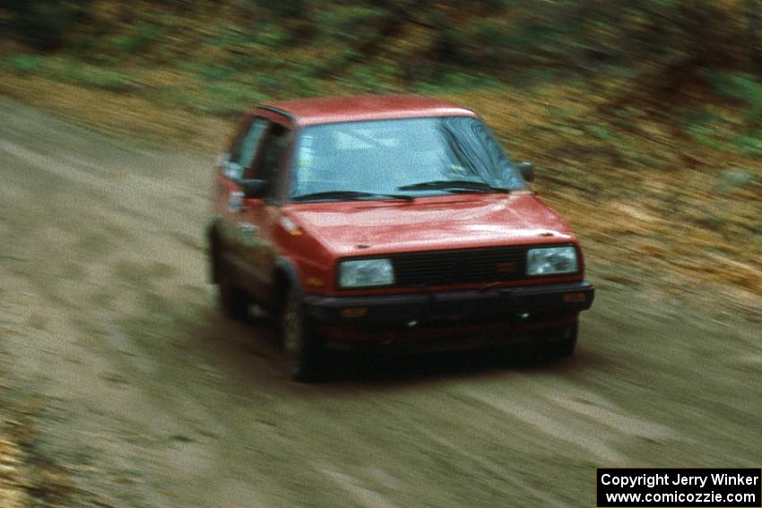 Wayne Prochaska / Annette Prochaska at speed at the flying finish of the first stage on day two in their VW GTI.