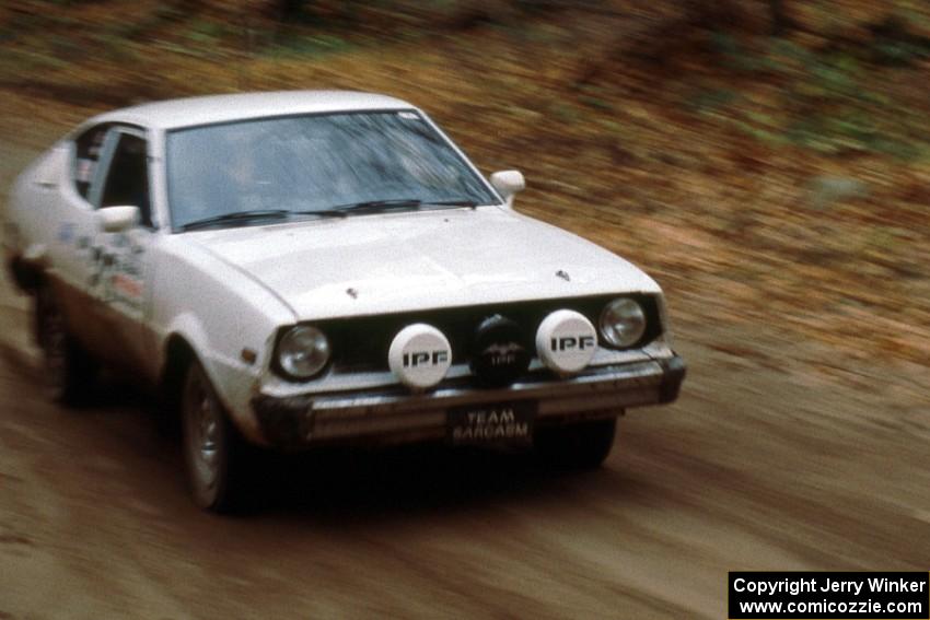 Chris Czyzio / Eric Carlson blast into the finish of the first stage of day two in their Plymouth Arrow.