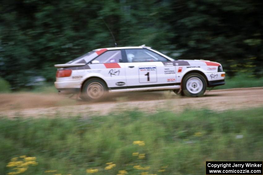 The Paul Choinere / Jeff Becker Audi Quattro S2 accelerates away from the county road spectator location.