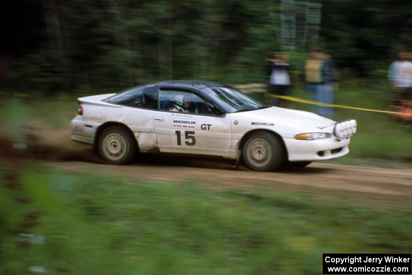 The Selcuk Karamanoglu / John McArthur Misubishi Eclipse GSX slings gravel at the spectator corner at the county road.